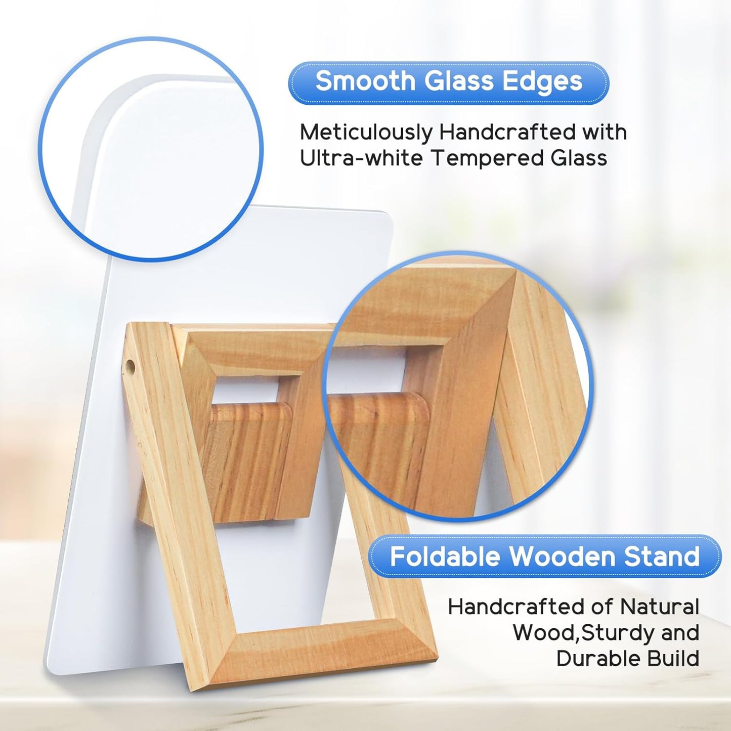 WALGLASS Desktop Glass White Board 9.5"x 6.7" with Reversible Wood Stand, Small Dry Erase Board, Portable Whiteboard for Desk, Reusable Desk Notepad with 2 Markers&Eraser for Home, Office