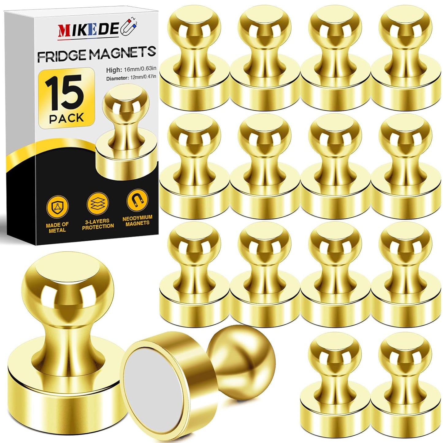MIKEDE Fridge Magnets - 15 Pcs Gold Neodymium Push Pins for Whiteboard, Office, School & Classroom