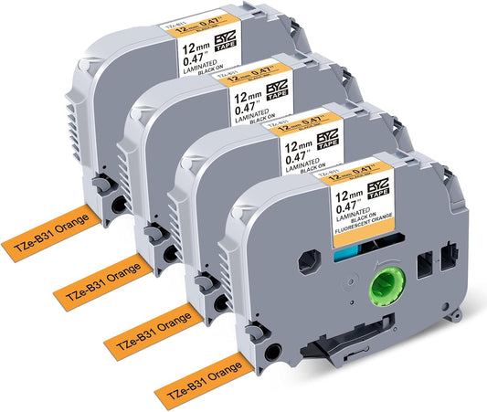 BOYEEZON 4-Pack Compatible with Brother P Touch TZe-B31 Label Maker Refills, TZ Tape 12mm 0.47 Laminated Tape for Brother PTD210 PTD220 PTD400 PTD400AD PTD600, Black on Orange Fluorescent