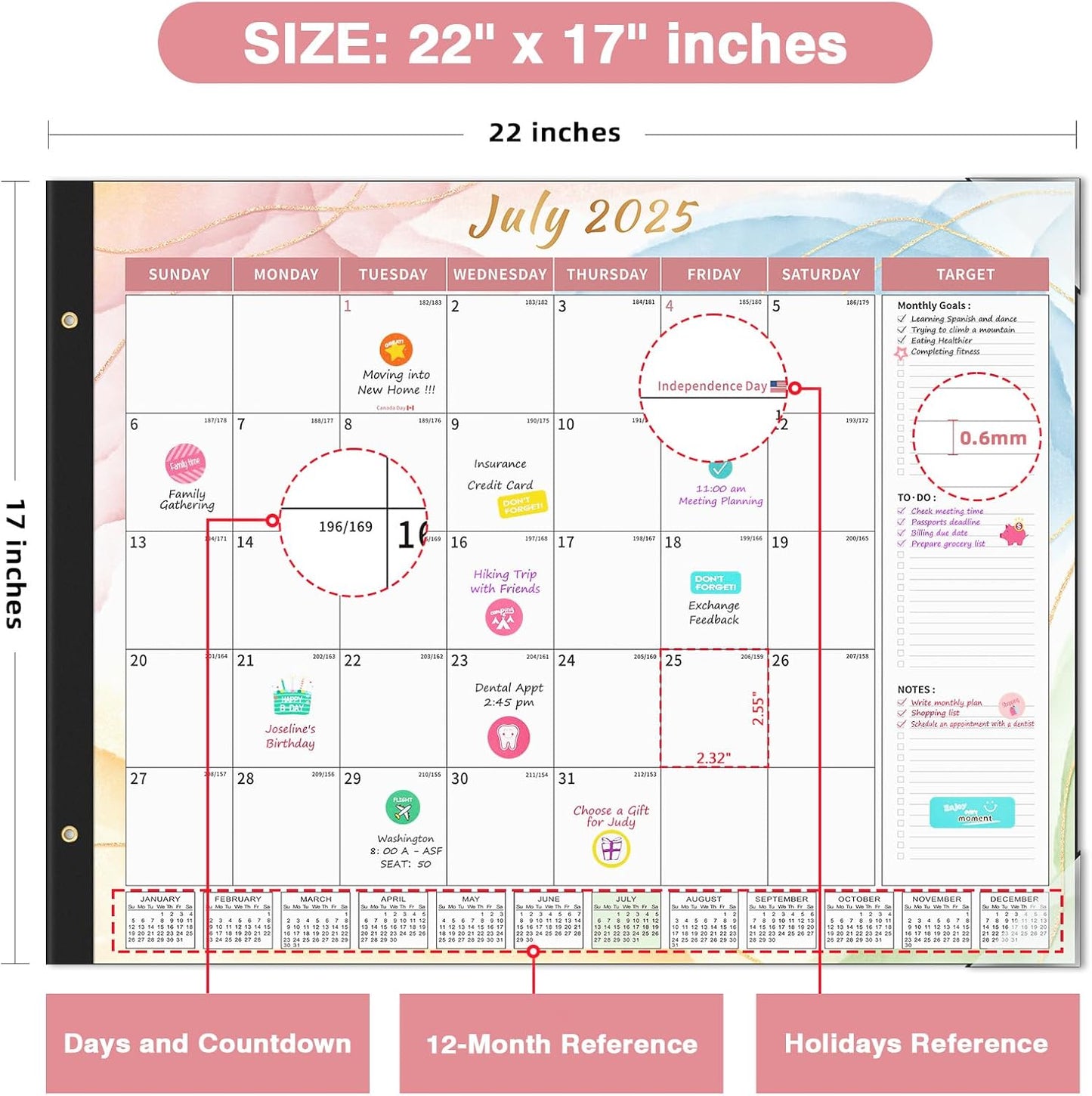 Ospelelf Desk Calendar 2025-2026 Large 22'' x 17'' Calendar 2025 Monthly Desktop Calendar, 18 Month Calendar, Use July 2025 - Dec 2026, Multicolor