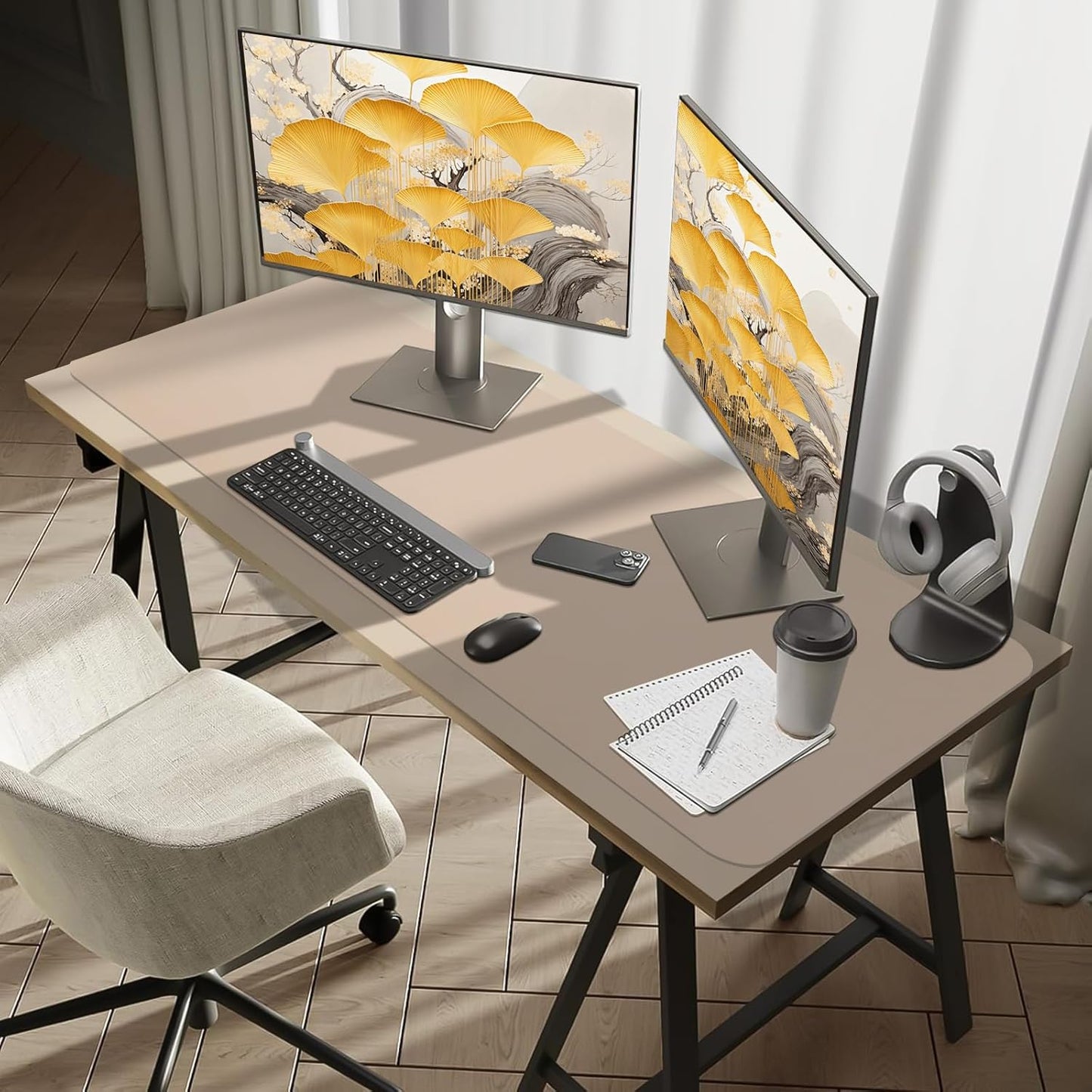 Bloss Extra Large Leather Desk Ma, 47.2" x 16.9" Non-Slip Dressing Table Cover Protector, Waterproof Student Study Desk Mat, Home Office Decor - Beige