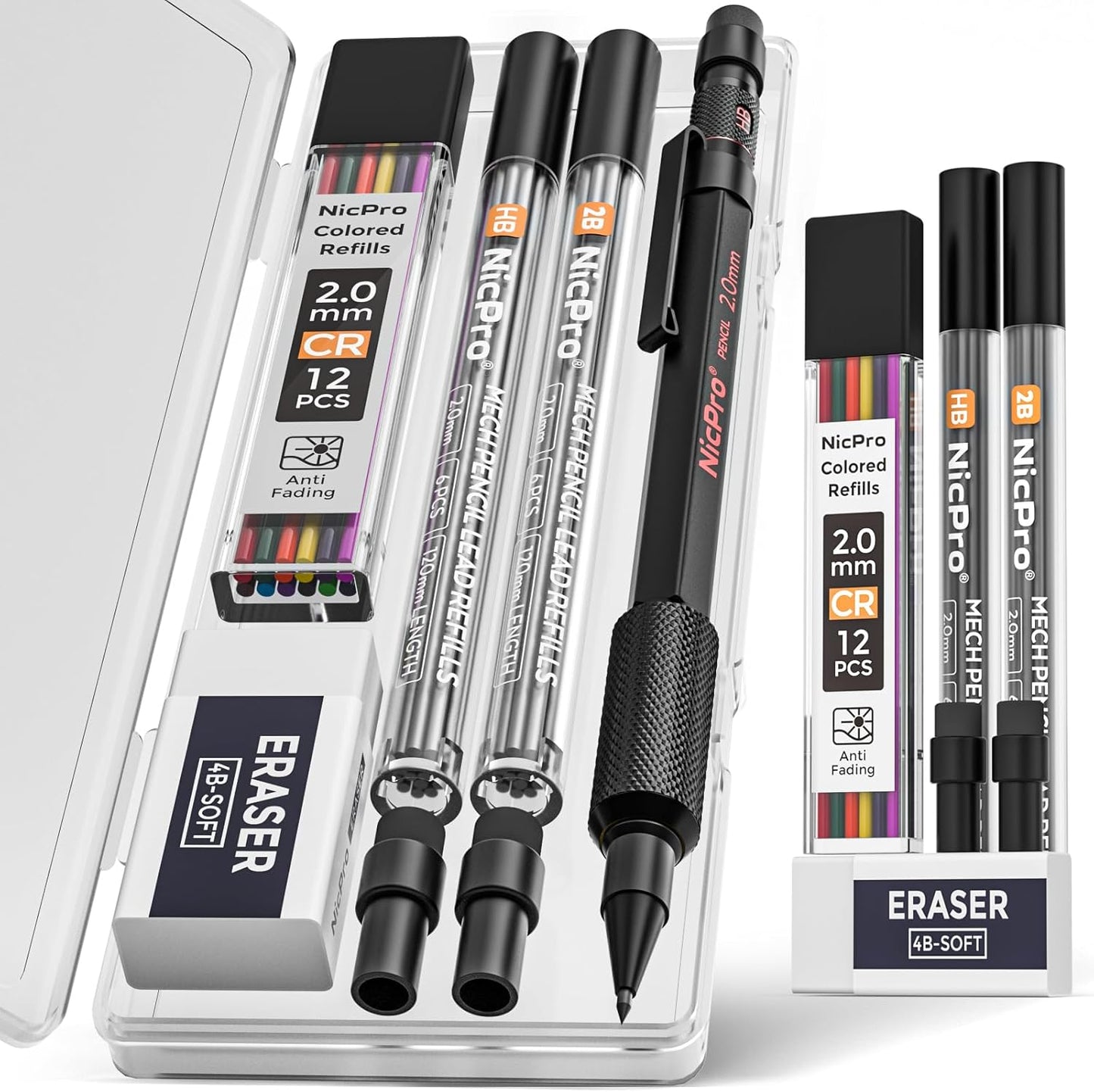 Nicpro 2mm Mechanical Pencils Set with Case, 12 Black Lead Refills,12 Colored Lead Refills, Erasers - MP2000 Weatherproof Metal Lead Holder, Heavy Duty Carpenter Pencil For Writing Drawing Woodworking