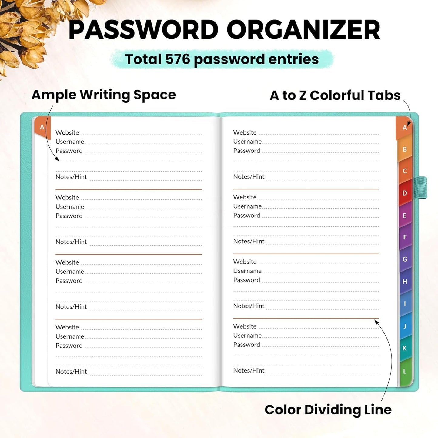SUNEE Password Book with Colorful Alphabetical Tabs, Password Books for Seniors, Password Keeper Book for Computer and Internet Address Website Login, 5.3''x 7.7''- Aquamarine