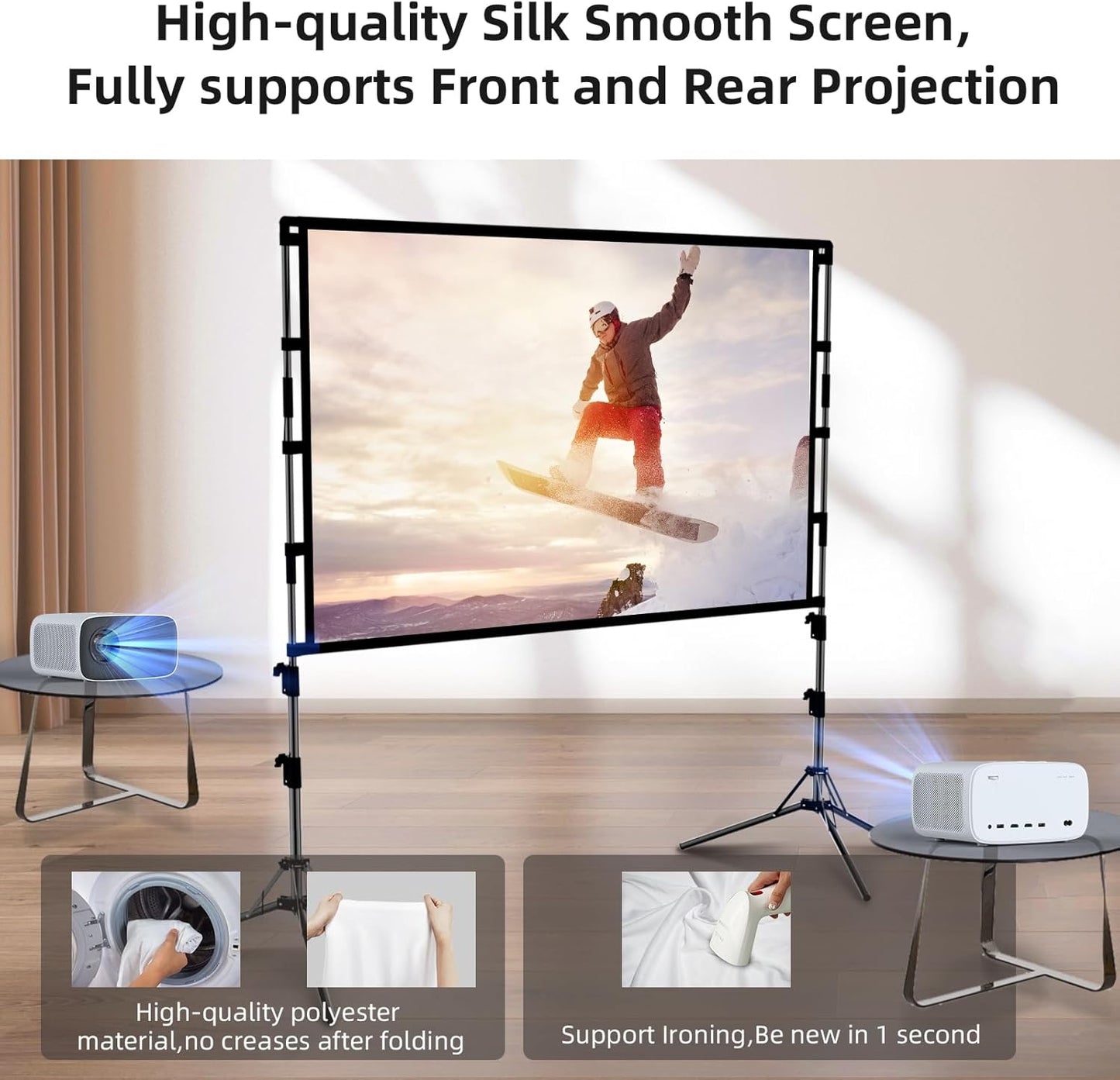 Projector Screen and Stand,GAINVANE 120 inch Portable Projector Screen Indoor Outdoor Projection Screen 16:9 4K HD Wrinkle-Free Light-Weight Movie Screen with Carry Bag for Backyard Movie Night