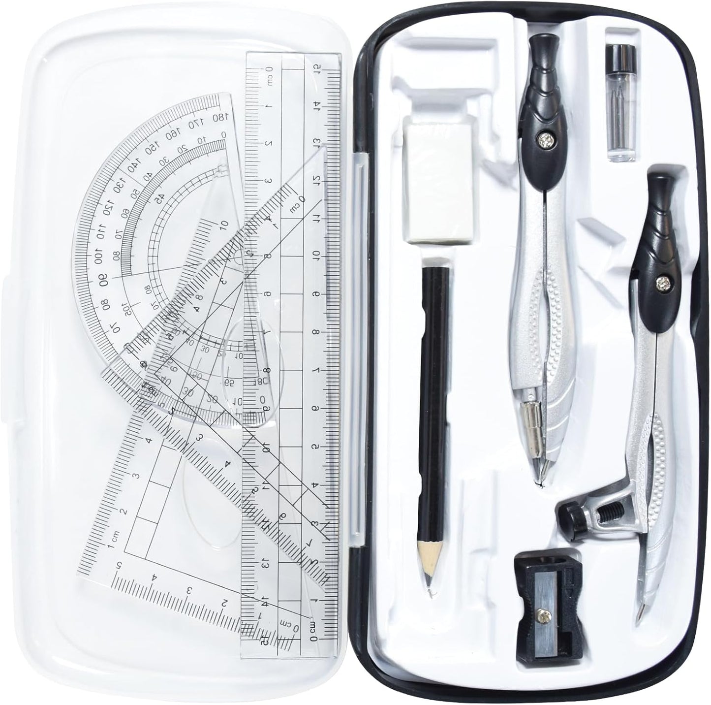 SAYEEC Geometry Set, 10 Pcs Math Protractor Compasses Kit with Ruler, Triangles, Eraser, Sharpener, Lead Refills, Pencil, Storage Box, Drafting Drawing Tools for Architects Engineers Artists Students