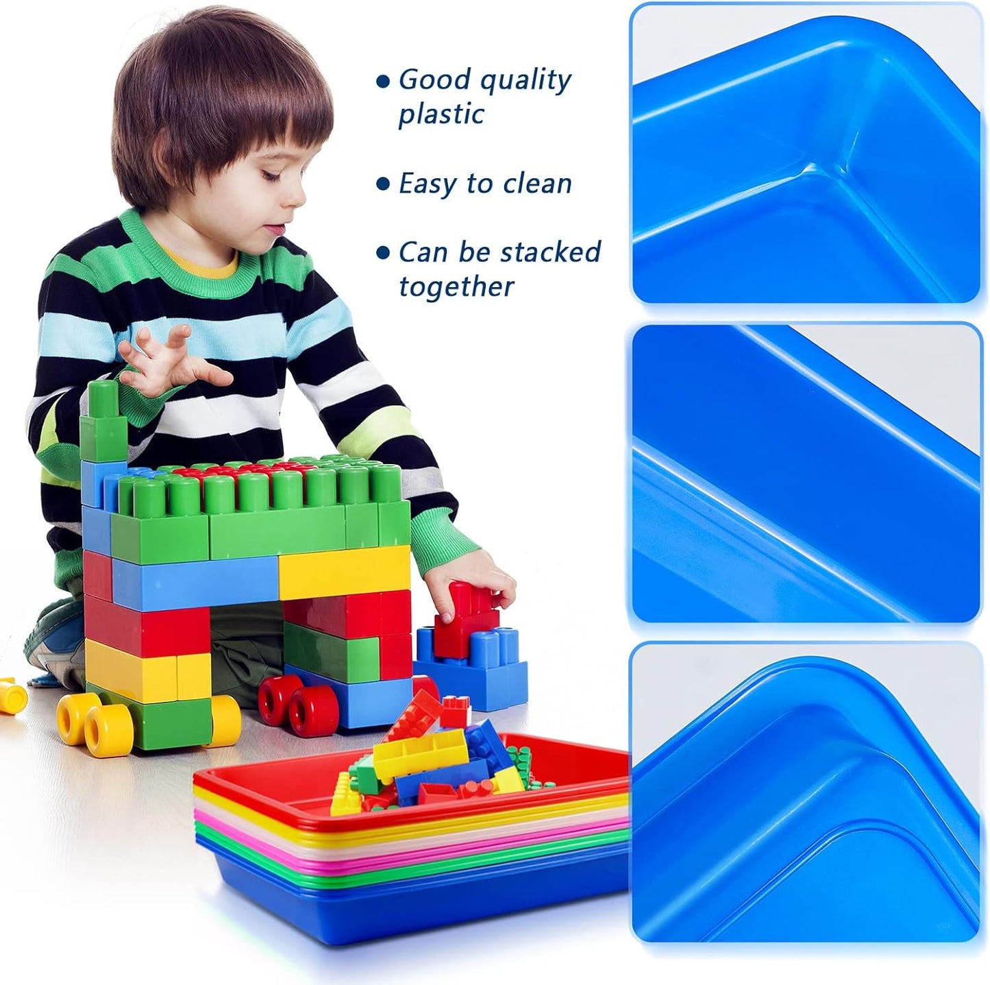 Bercoor 12 Pack Plastic Art Trays, 6 Colors Activity Crafts Tray Serving Tray Organizer Tray for Kids School Classroom DIY Projects, Painting, Jewelry, Beads, Home Organizing Supply