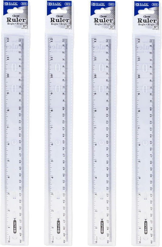 BAZIC Plastic Clear Rulers 12 inch (30cm), Inches Centimeter Metric Ruler Measuring Long Ruler, Straight Edge Ruler for Students School Supplies, 4-Pack