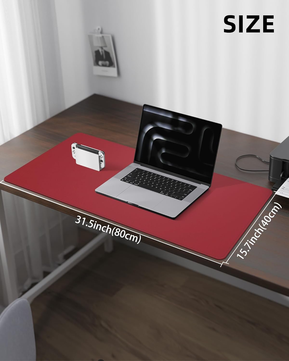 Leather Desk Protector, Red Office Mat, Non-Slip PU Laptop Blotter, Waterproof Writing Pad for Office and Home (Red, 31.5" x 15.7")