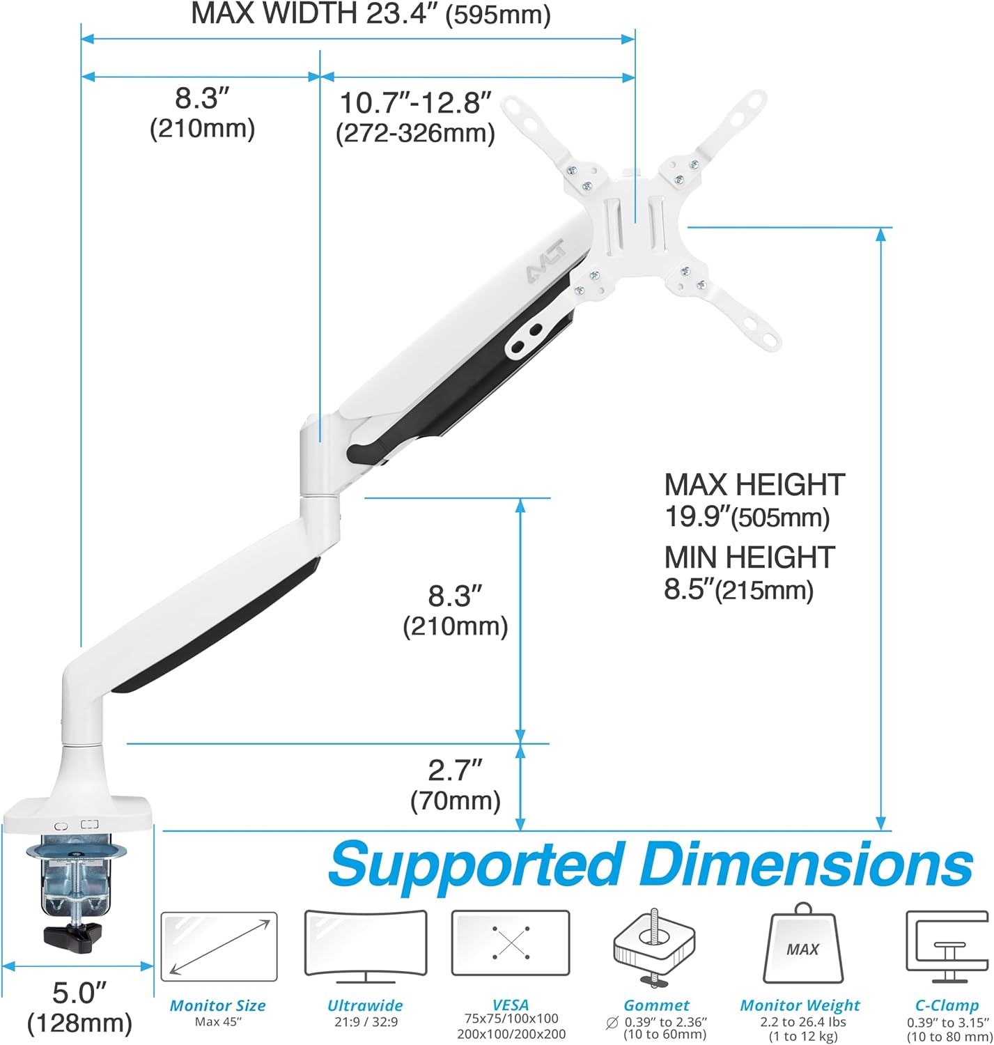 AVLT Single 17"-45" Monitor Arm Desk Mount Premium Mechanical Spring fits One Flat/Curved/Ultrawide Monitor Full Motion Height Swivel Tilt Rotation Adjustable, White