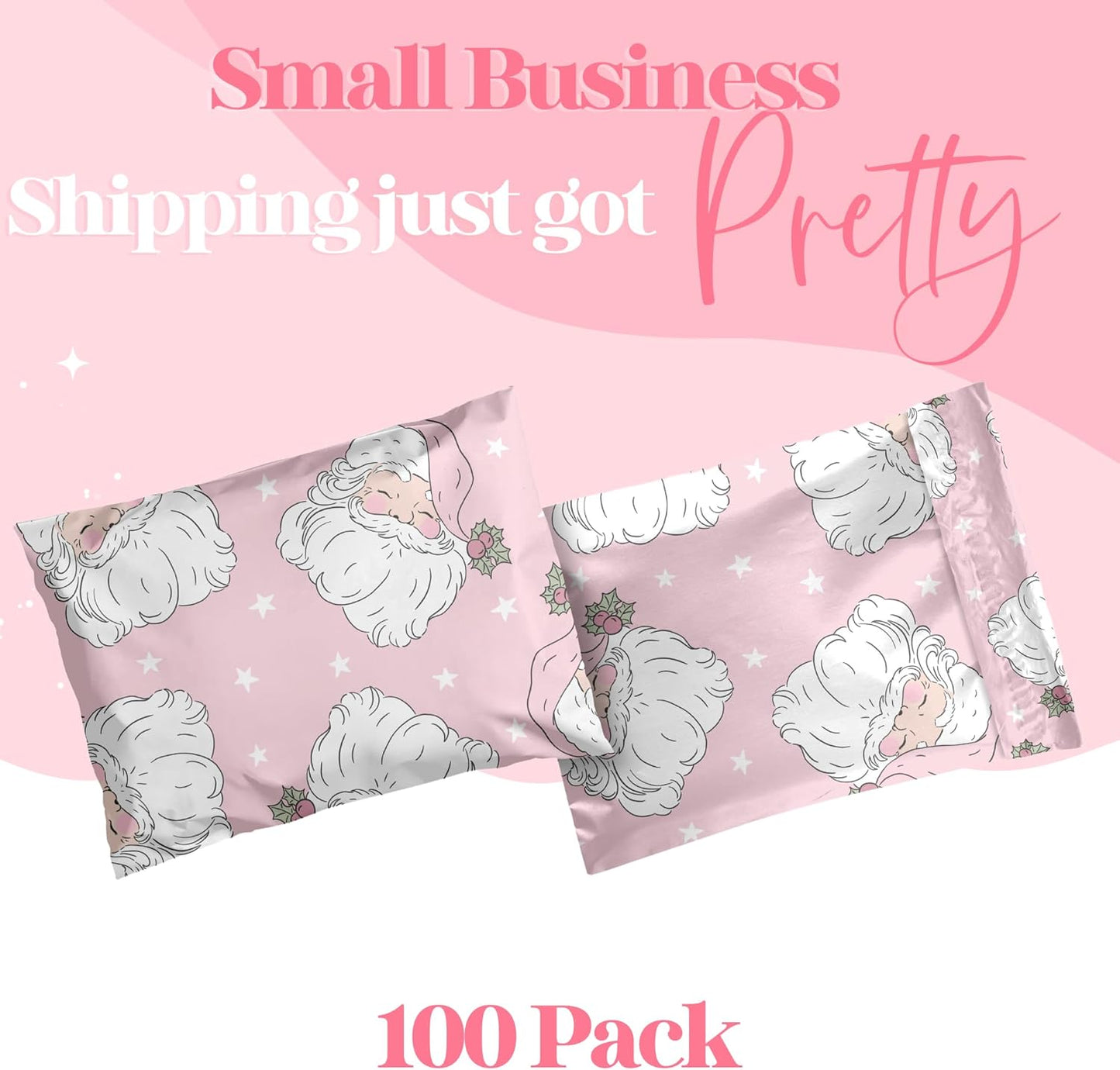 10x13 Designer Christmas Holiday Poly Mailer 100 Pack Heavy Duty Waterproof Self Seal Shipping Bags Large Mailing Envelopes Bulk Tear Resistant Cute Packaging Pink Santa