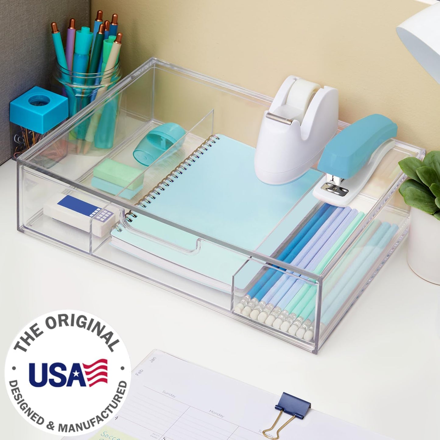 STORi STAX Plastic Stackable Organizer Divided Drawer in Clear | 12.5-inches Wide | 3-Compartments to Organize Office Desk Accessories, Pens, and Notepads| Made in USA