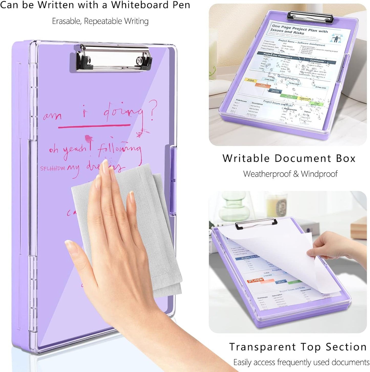 Clipboard with Storage,Heavy Duty Clip Boards 8.5x11 with 2 Storage Case,Clear Visible Top Panel Storage Clipboards,Side Opening Clip Boards,Nursing Clipboard Folder Case for Office Supplies-Purple
