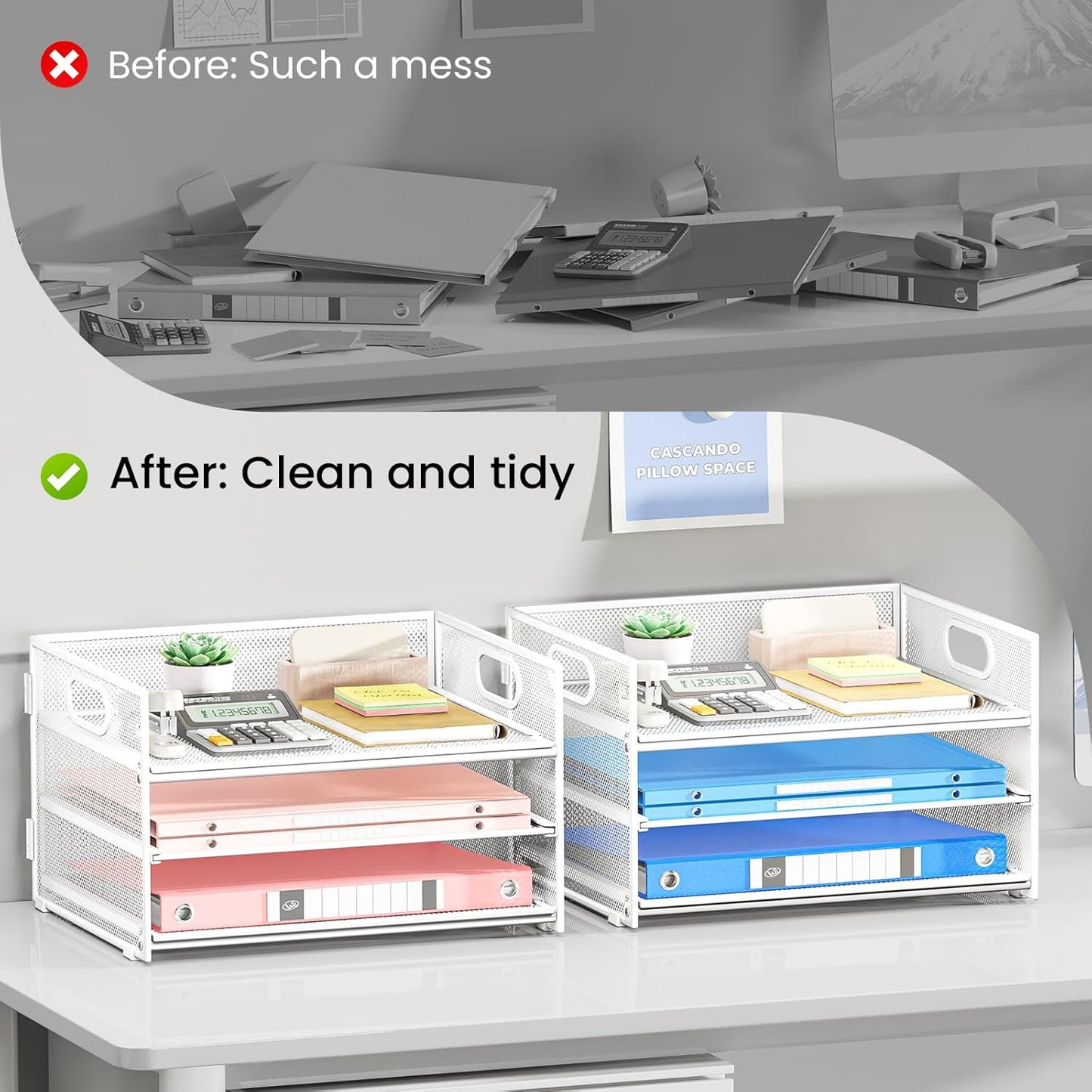 Subekyu 2-Pack 3-Tier White Metal Mesh Desk Paper Letter Tray & File Sorter Organizer with Handle + 1 Sliding Tray for Desk, Home, Office, School Supplies, A4 Paper and Accessories Storage