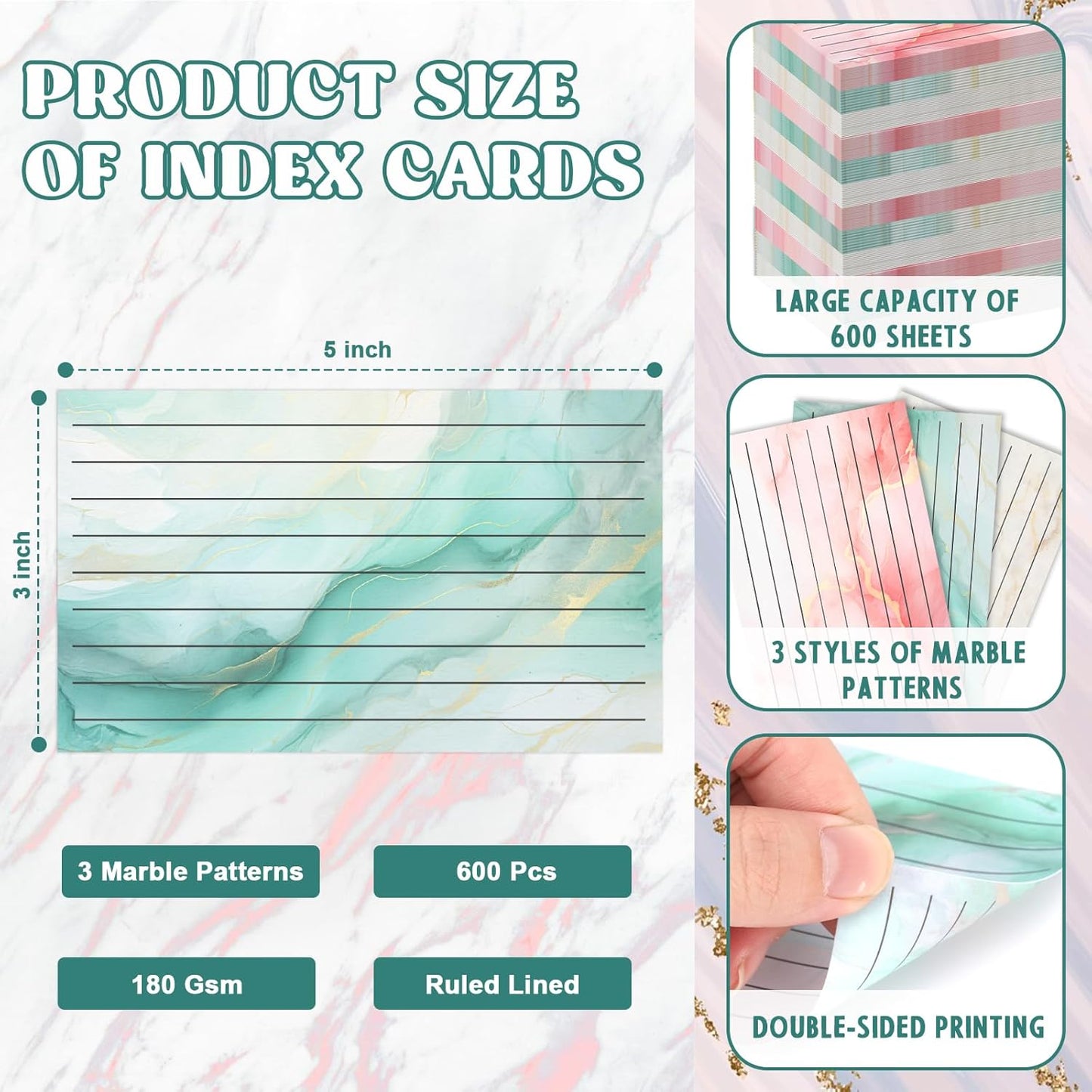 600 Pack Colored Index Cards 3x5 Marble Notecards Lined FlashCards for Studying Heavy Note Cards 180 gsm Memo Cards for Office Home School Supplies