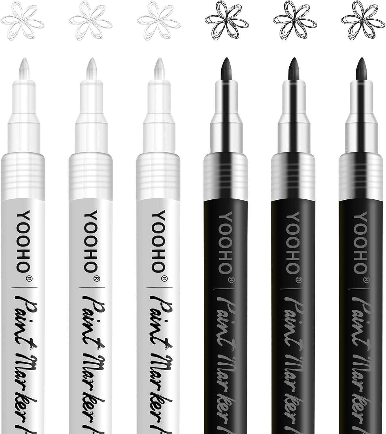 Paint Pen White Black Acrylic Marker Set for Rock Wooden Tire Metal Leather Glass Painting, 0.7mm Fine Point Quick Drying (3pcs Black +3pcs White)