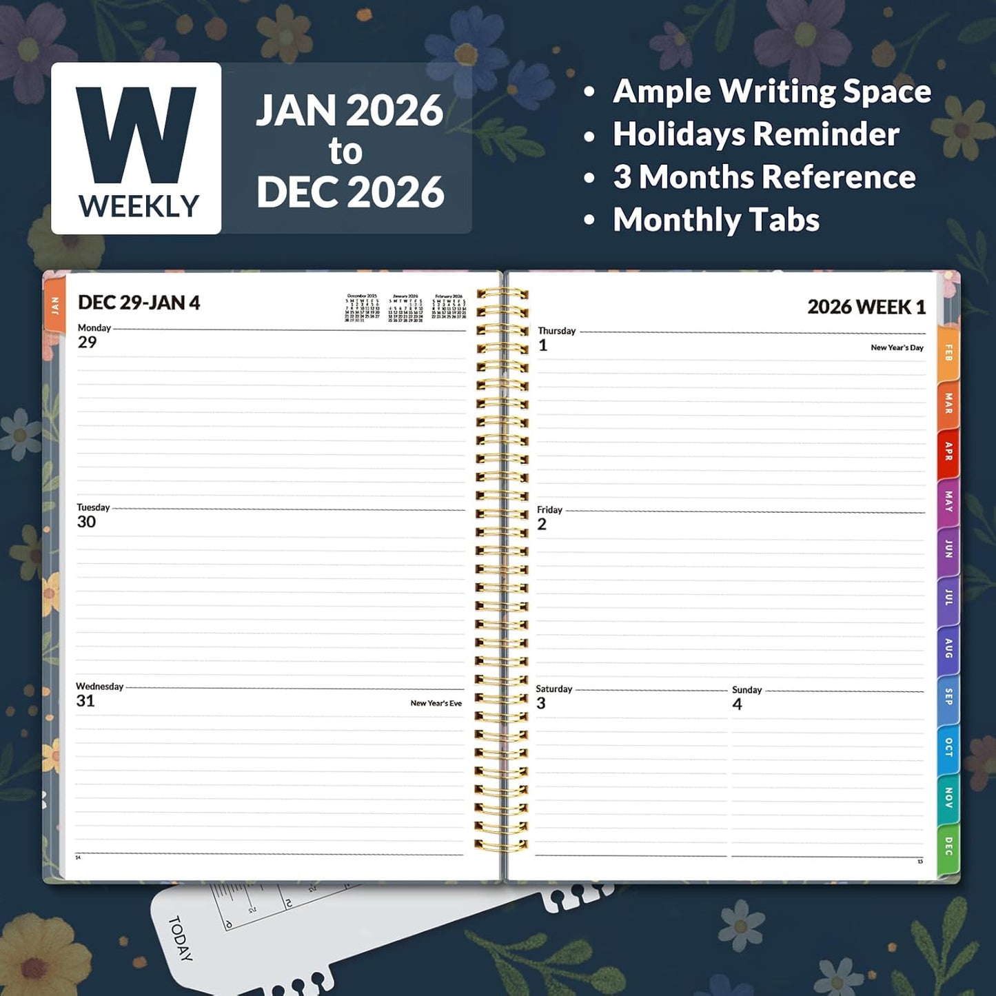 SUNEE 2026 Weekly and Monthly Planner - from January 2026 - December 2026, 8.5"x11" Daily Agenda Planner with Monthly Tab, Flexible Cover, Note Pages, Pockets, Bookmark, Spiral Binding, Navy Flower