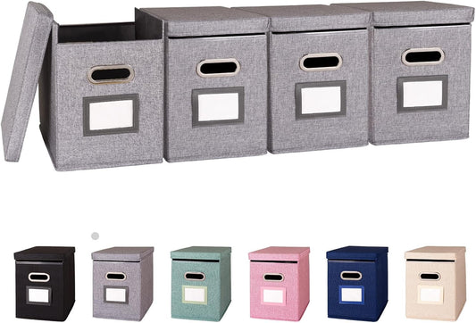 4 Pack Hanging File Folders Organizer with Lid, Letter Size Fabric File Storage Box Collapsible, Portable Office Document Holder with Metal Handle, Smooth PVC Rails, Gray