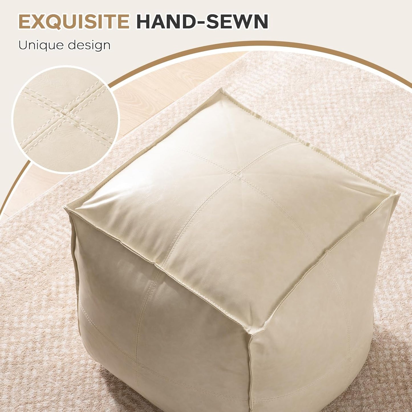 17.7" Square Unstuffed Pouf Ottoman Cover, Pu Leather Poufs Cube Foot Stool Poofy Ottomans Footrest, Decorative Casual Footstool for Living Room, Perfect to Rest Your Feet, Only Cover No Filler, Beige