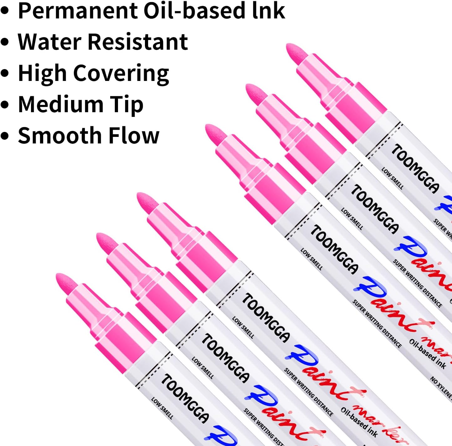 Pink Permanent Paint Pens - 6 Pack Oil Based Paint Markers, Pens For Rock Painting Car Tyre Metal, Plastic, Canvas, Mugs, Wood, Glass, Quick Drying and Waterproof, Medium Point