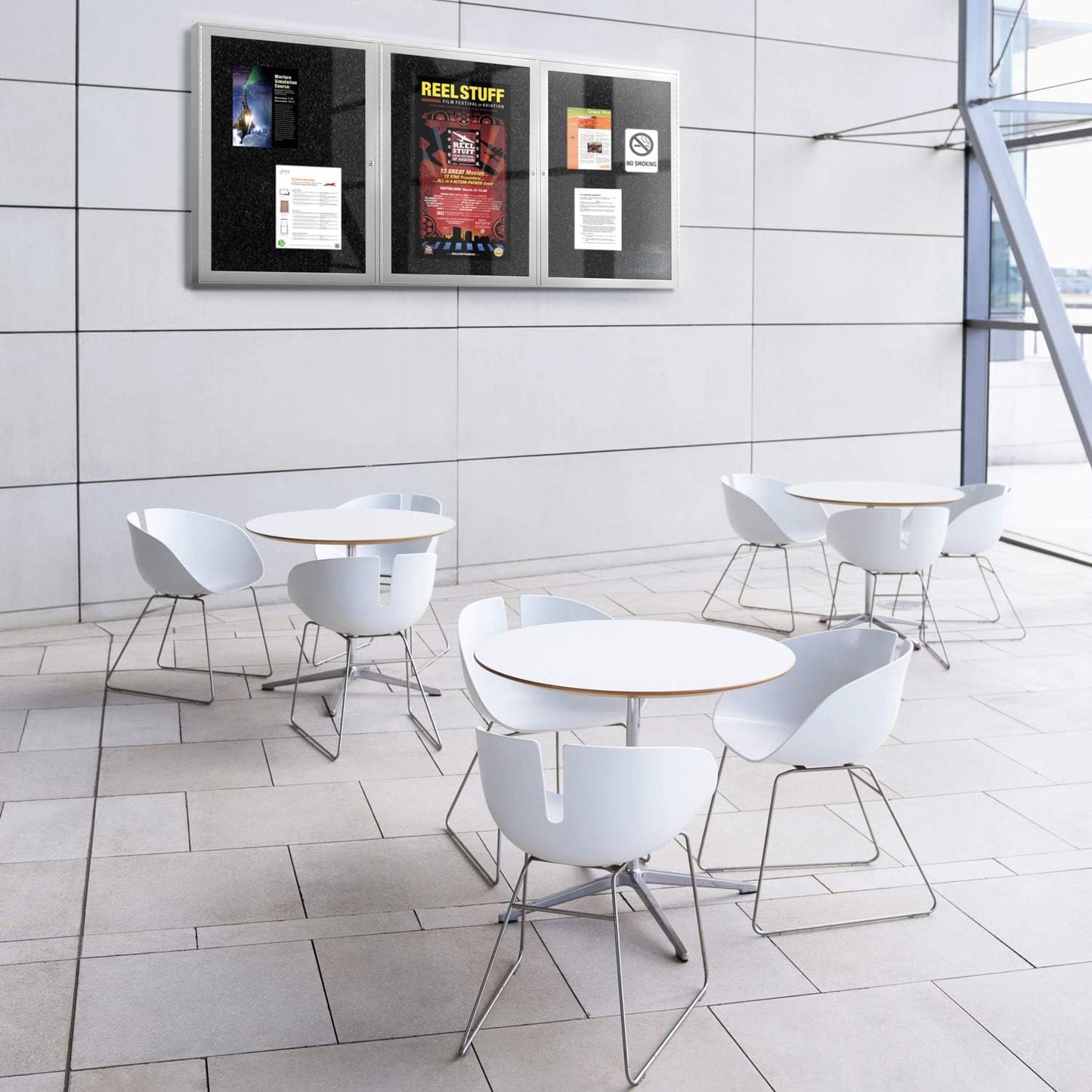 Ghent 48" x 72" 3-Door indoor Enclosed Recycled Rubber Bulletin Board, Shatter Resistant, with Lock, Satin Aluminum Frame,Confetti (PA346TR-CF),Made in the USA