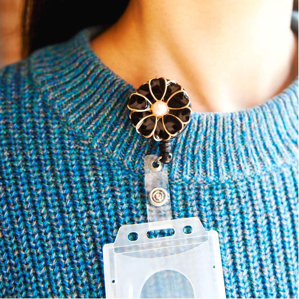 Retractable Badge Holder, ID Badge Reel with Pearl, 3 Pack (Black)