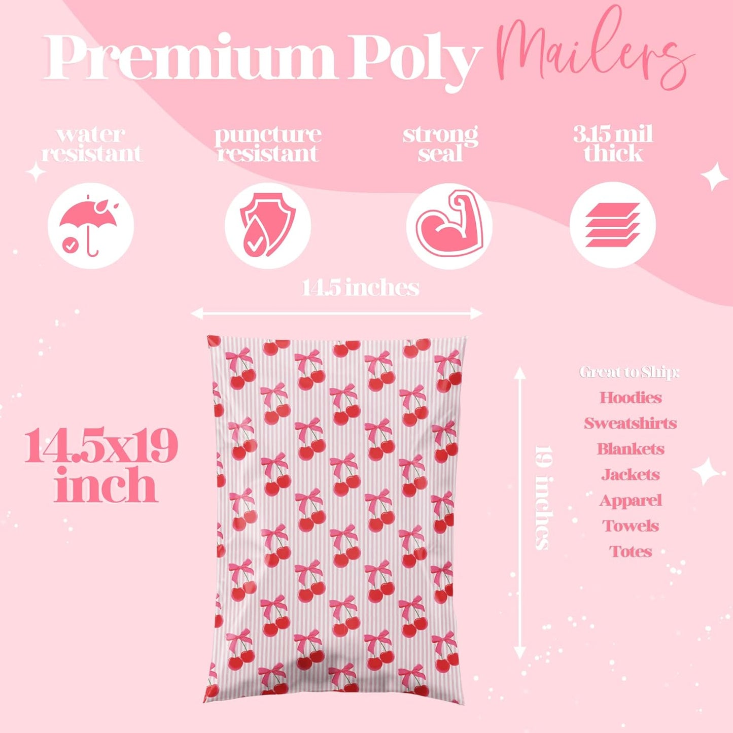 14.5x19 Designer Poly Mailer 100 Pack Heavy Duty Waterproof Self Seal Shipping Bags, Small Business Large Mailing Envelopes Bulk Tear Resistant Packaging Pink Stripe Cherry Fruit