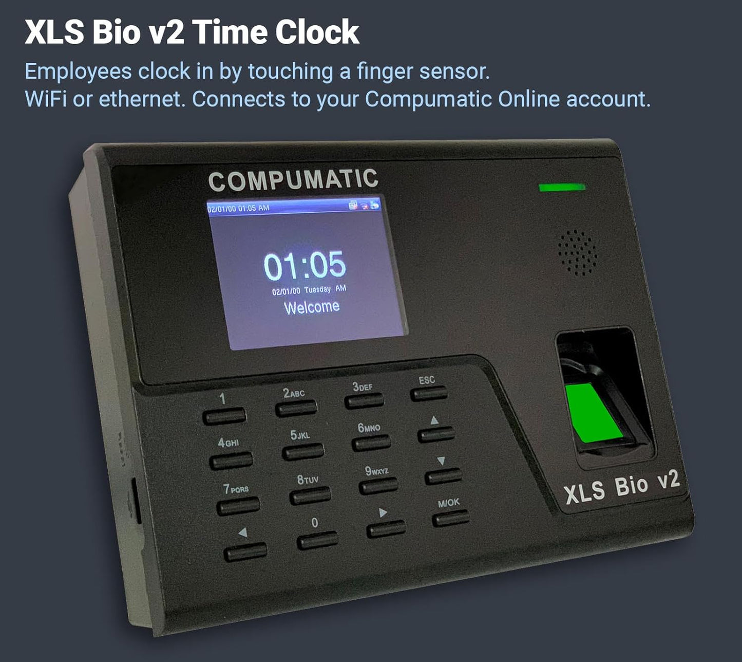 COMPUMATIC Biometric Fingerprint Time Clock with Online Cloud Hosted Software, Automatic Real-Time Punch Upload with WiFi or Wired Ethernet Connection