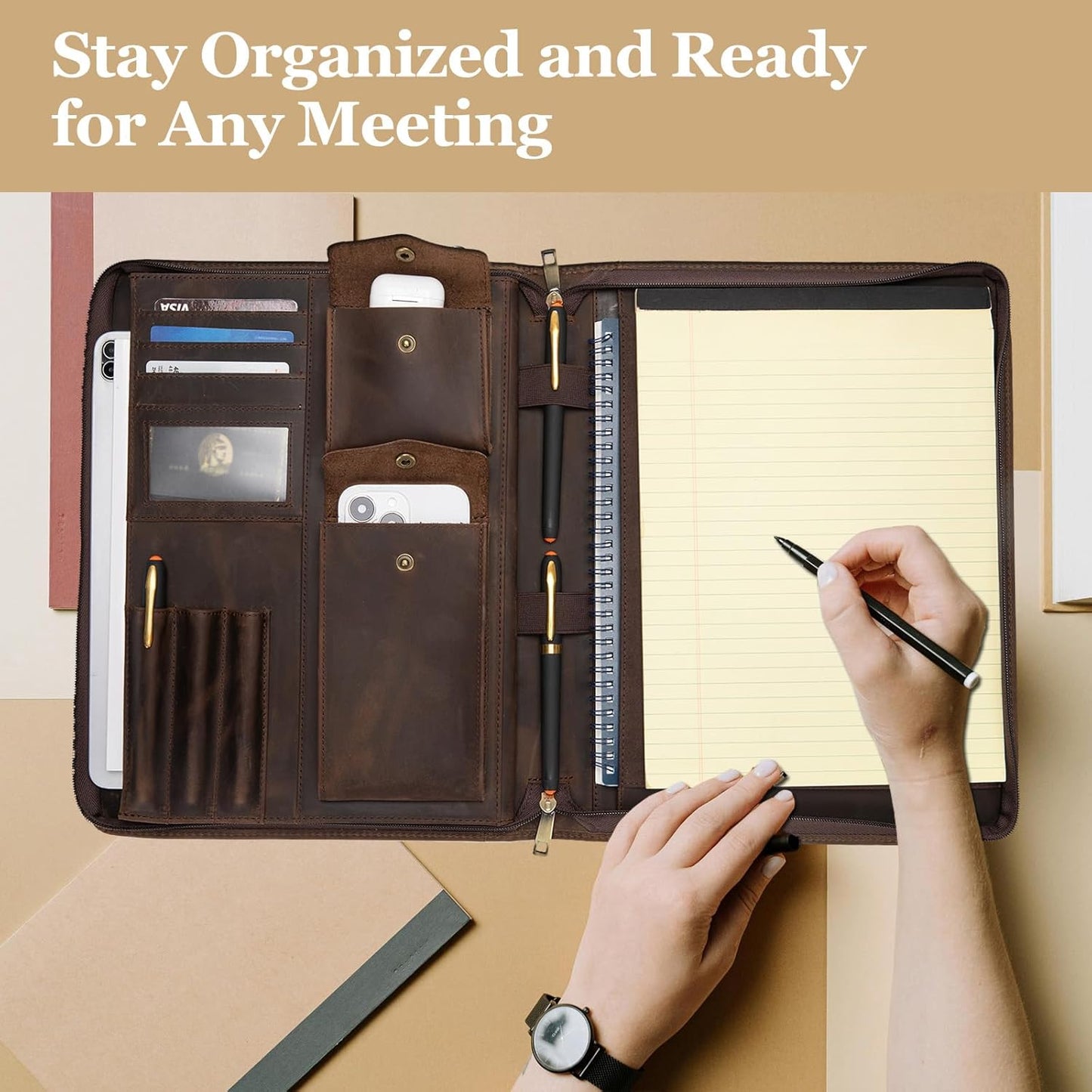 Genuine Leather Portfolio with Hidden Handle, Zippered Front Pocket, Business Padfolio for Men and Women, 8.5 x 11 Legal Pad Notebook Holder, Office Letter Notepad Folio, Dark Khaki