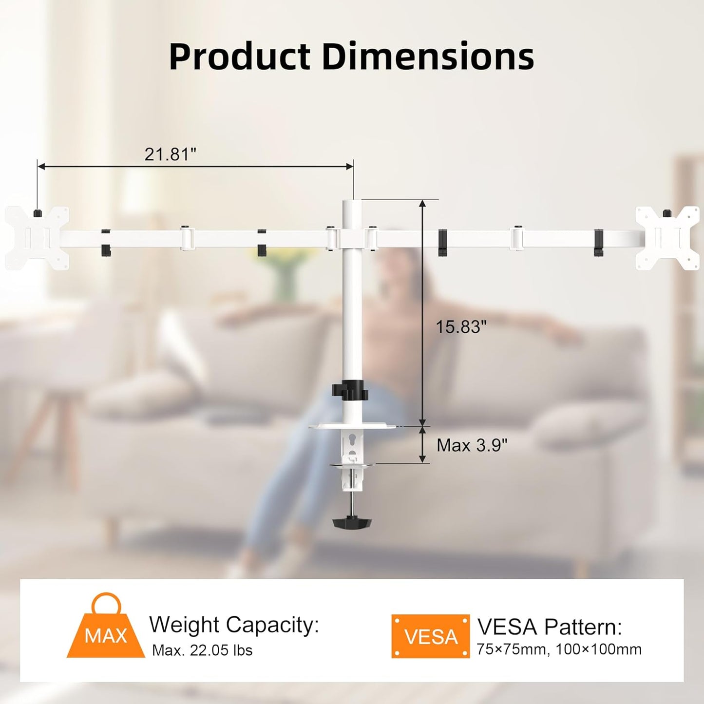 Pholiten Dual Monitor Stand, Heavy Duty Adjustable Monitor Arm Desk Mount for 2 Screens up to 42Inches, Tilt, Swivel, Rotate, Supports Tilt, Swivel, Rotate, Supports 22 lbs per Arm,White