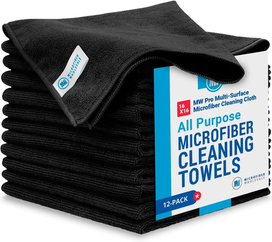 MW Pro Multi-Surface Microfiber Towel – 12 Pack | Premium Cleaning Cloth | Clean, Dust, Polish, Absorb | Large 16"x16" (Black)