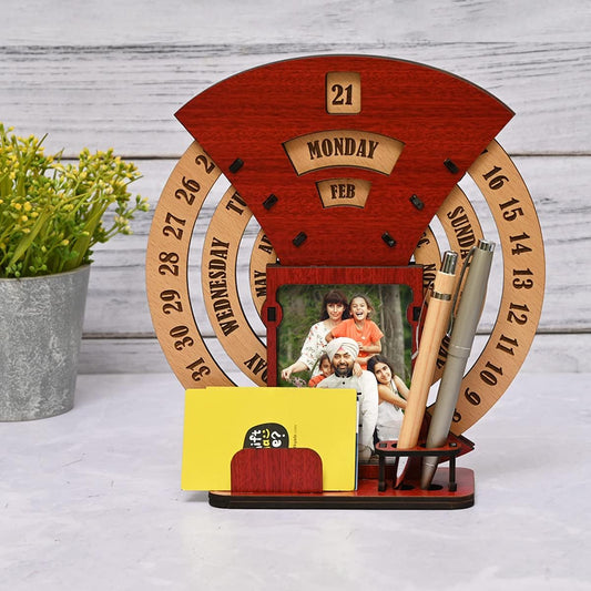 GKD Wooden Desk/Table Calendar to Lifetime Infinite Calendar 2025 with Desk Organizer and Photo Frame for Office/Home (‎Red)