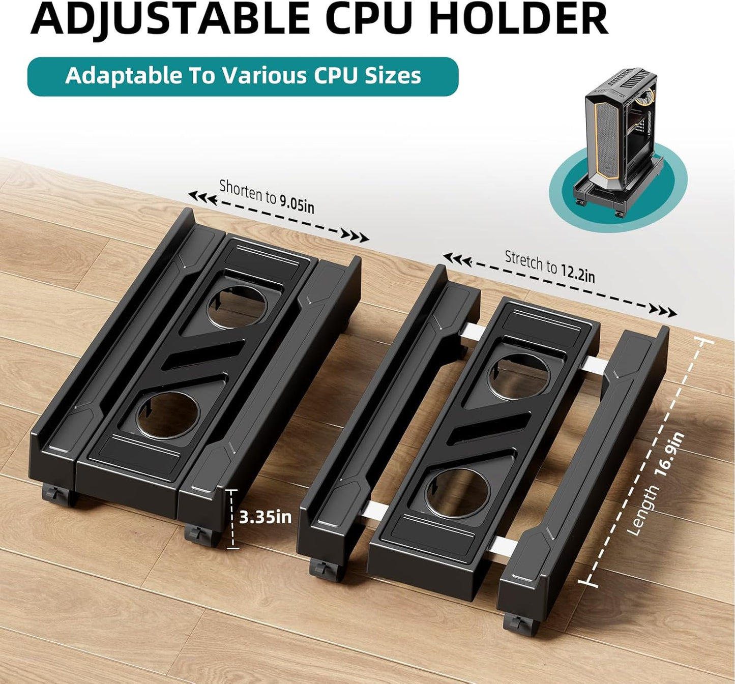 Adjustable Computer Tower Stand, Mobile CPU Stand with 4 Rolling Caster Wheels, Under Desk CPU Holder PC Floor Cart PC Riser for Gamers and Students (Standard Model)