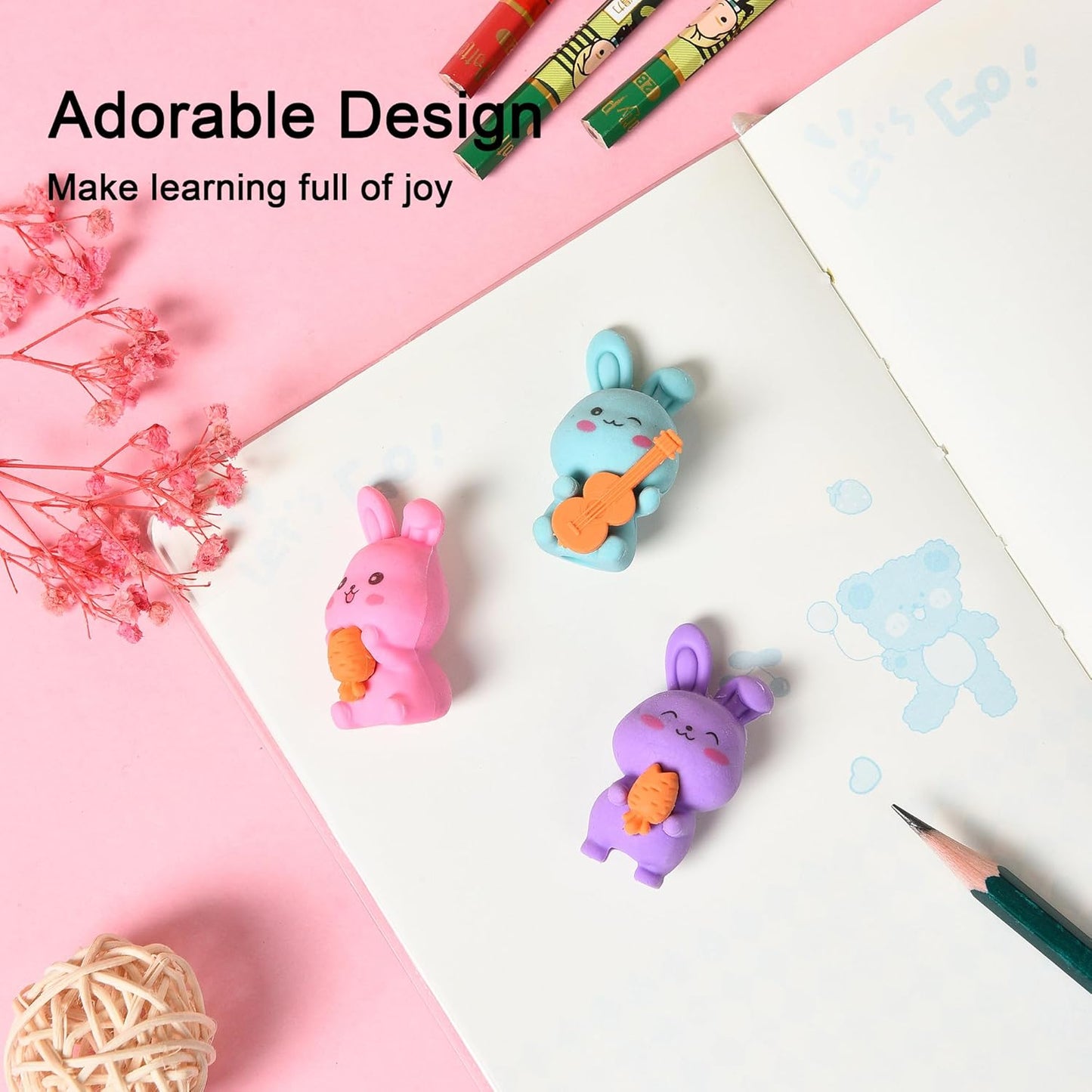 18Pcs Pencil Top Erasers for Kids, 3D Cute Rabbit Pencil Toppers, Bulk Fun Pencil Cap Easters for School Classroom Supplies Prize Gifts Party Favors