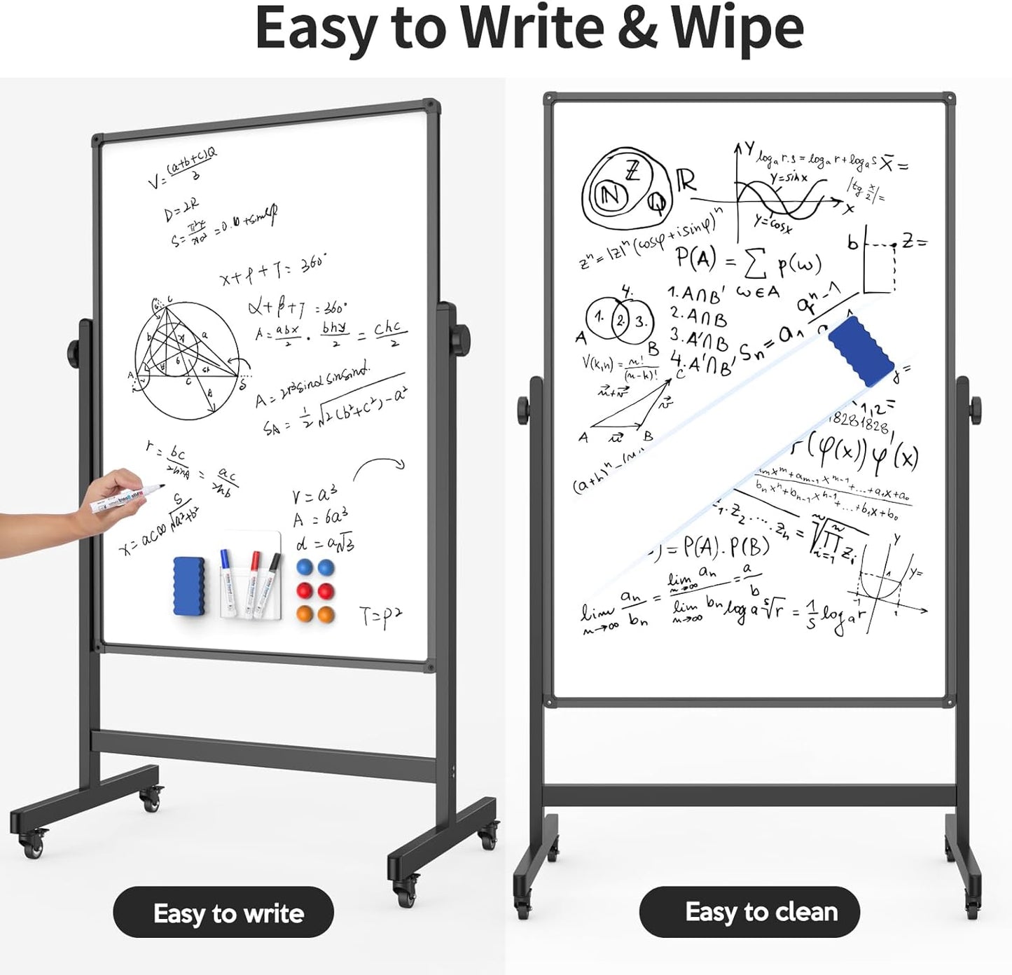 48x32inches Mobile Whiteboard - Adjustable Height, Standing Whiteboard on Wheels, Double-Sided Magnetic Dry Erase Board for Office, Home, Classroom