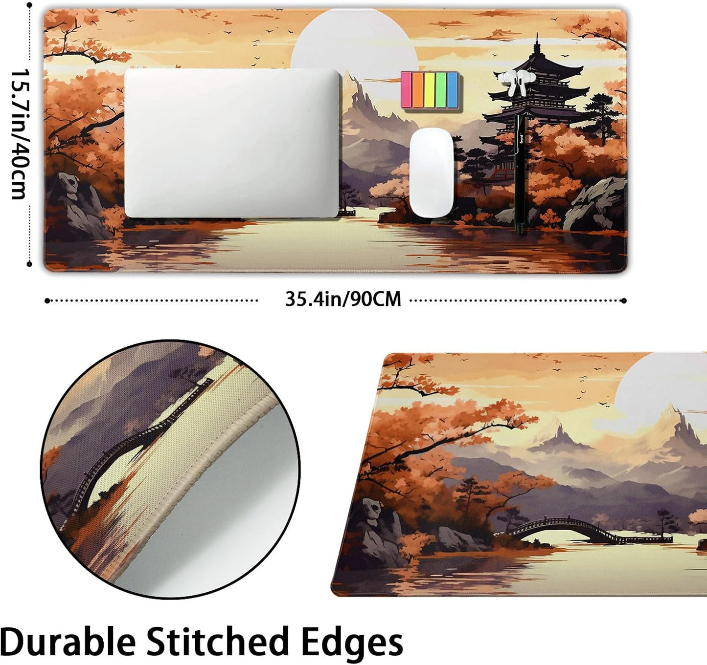 Orange Japanese Sakura Gaming Mouse Pad XXL Yellow Cherry Blossom Mountain Aesthetic Large Desk Mat Big Mousepad Non-Slip Rubber Base Stitched Edge Long Mousepad for Desktop Office, 35.4 x 15.7 in