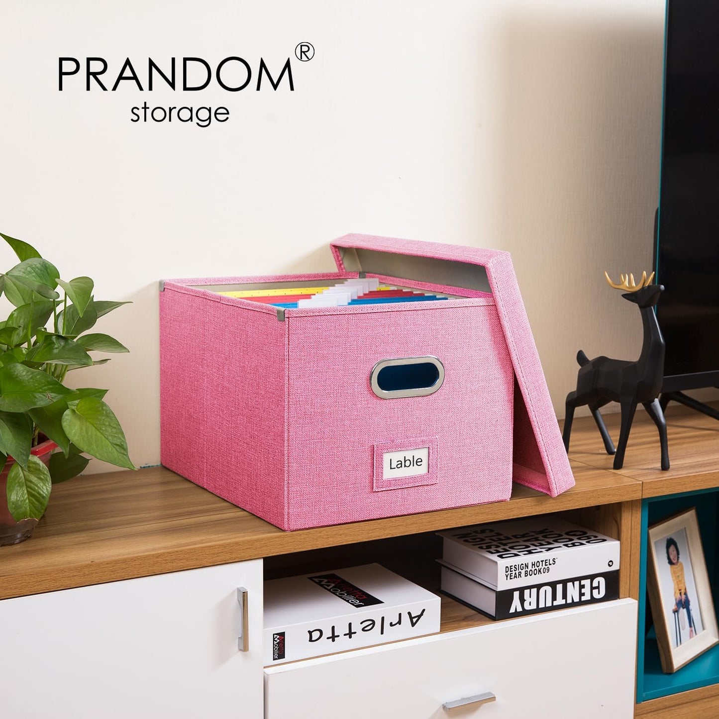 PRANDOM File Organizer Box - Set of 4 Collapsible Decorative Linen Filing Storage Hanging File Folders with Lids Office Cabinet Letter/Legal Size Pink 17.1x14x11.1 inch