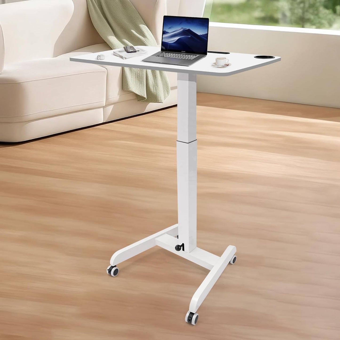 Rolling Laptop Desk Adjustable Height(29.5”- 43.7”)，Mobile Workstation Cart with 31.5" x 22.1"Desktop, Standing Desk Mobile Portable PC Table for Home,Office or Classroom in White
