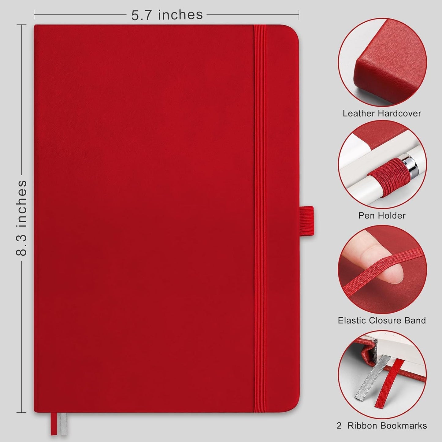 RETTACY Graph Grid Paper Notebook, 192 Pages, A5 Medium Size (5.7'' x 8.3''), 5 Squares per Inch, Leather Hardcover, 100 GSM Thick Paper, for School, Students, Math, Engineering (Red)