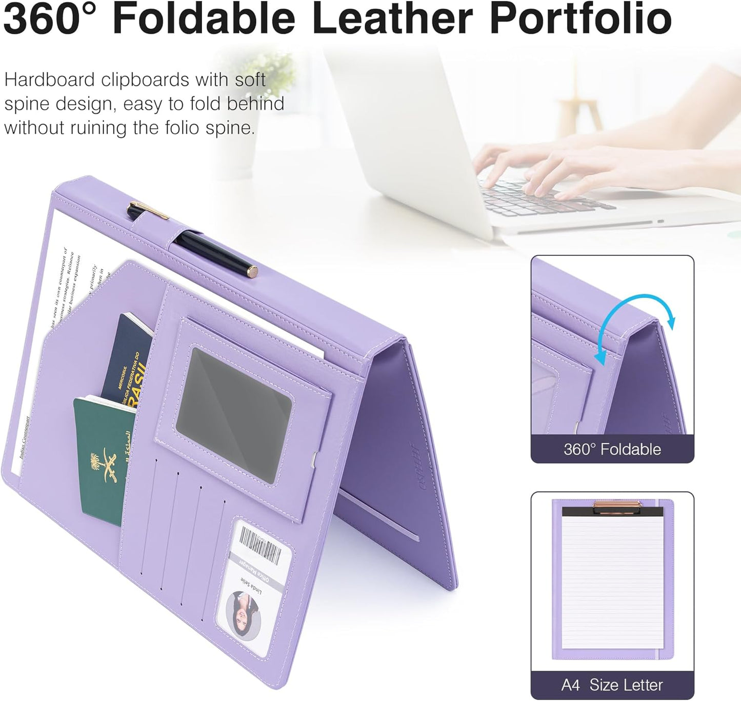 Ospelelf Foldable Leather Clipboard Folio with Notepad 8.5 x 11, Purple Business Padfolio for Women Portfolio Organizer