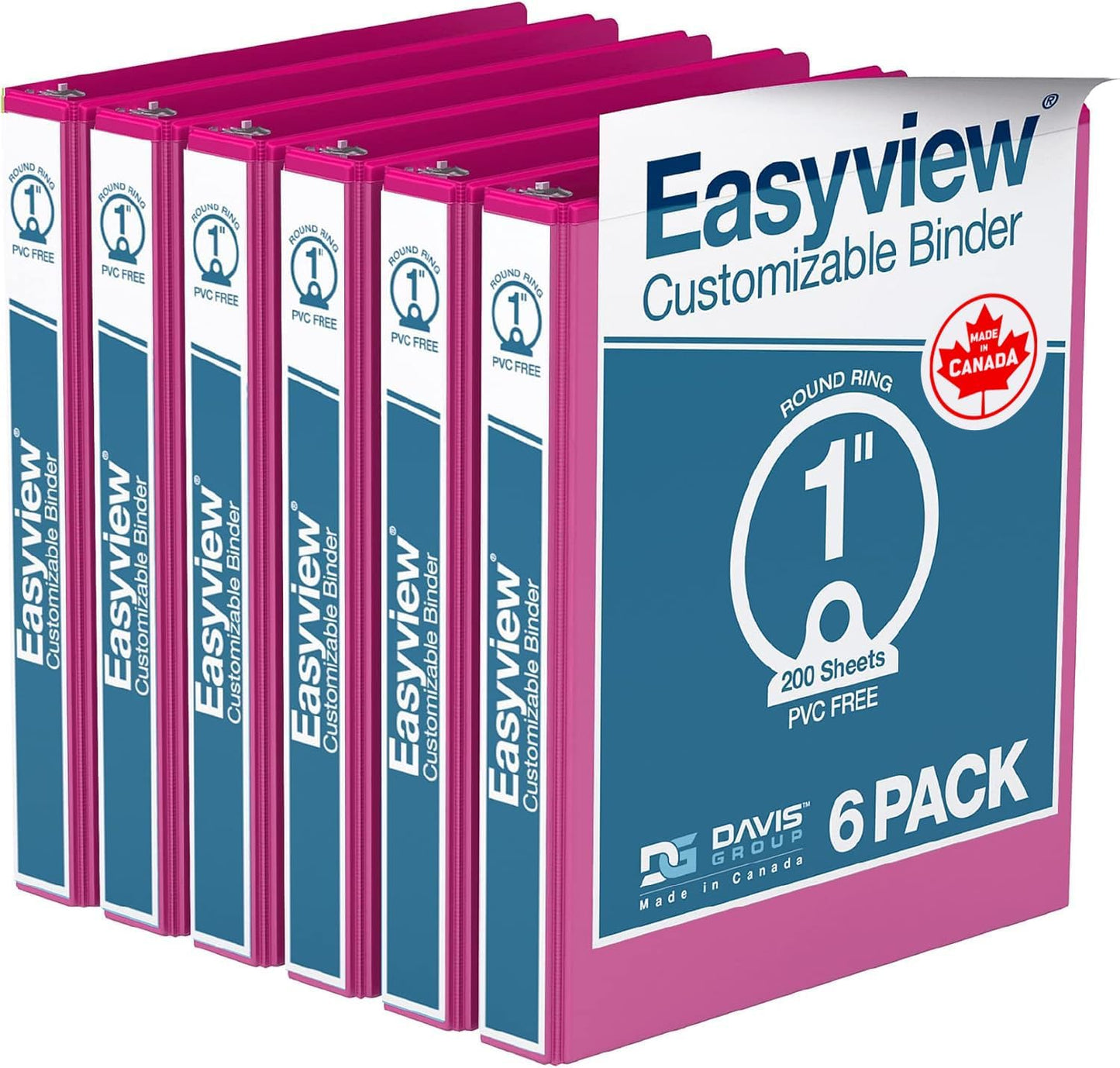 Easyview Premium 3-Ring Binders with Clear-View Covers and Round Rings, Binders for School or Office, 1 Inch, Pack of 6, Pink