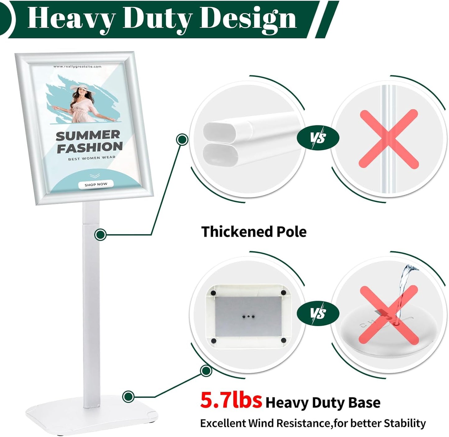 Heavy Duty Pedestal Sign Holder for Display, 11 x 17 inches Adjustable Floor Standing Sign Holder with Weighted Base , Vertical and Horizontal View Sign Stand for Indoor/Outdoor Advertising，Silver