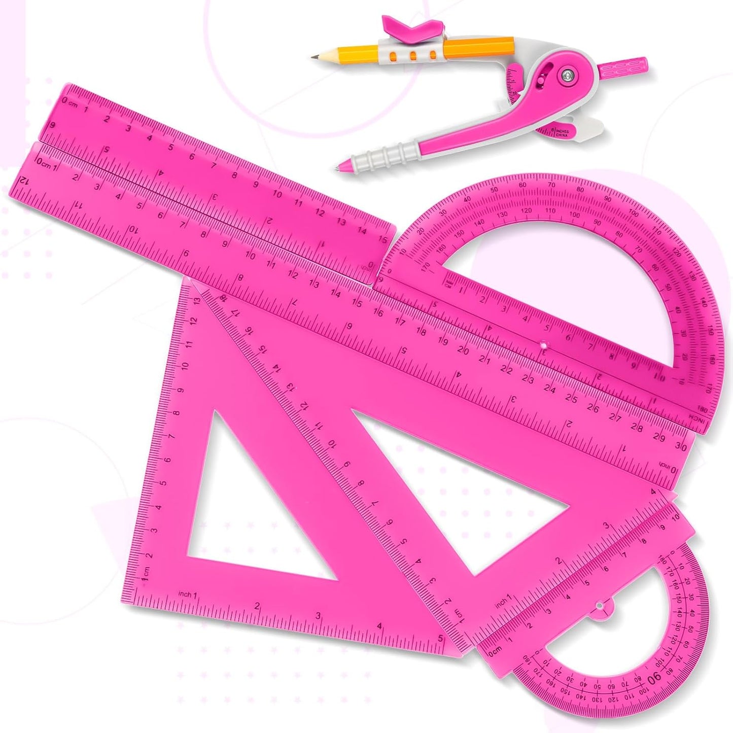 Zonon 1 Set Plastic Geometry Math Set 7 Pcs Includes 6'' / 4 '' Protractor, Drawing Compass, 45/60 Degree Triangle Rulers, 12'' / 6'' Math Ruler Transparent for Office Supplies(Pink)