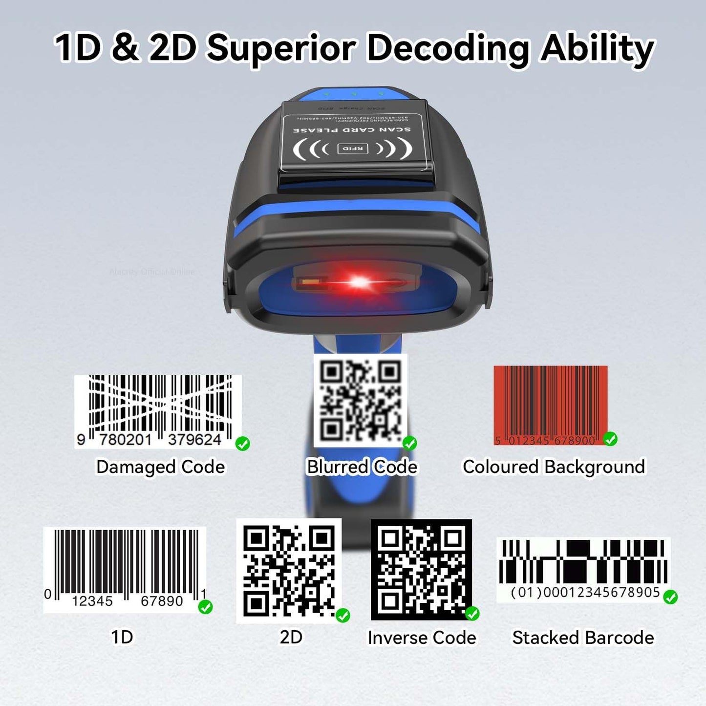Alacrity Wireless Charging 1D 2D Barcode Scanner, UHF RFID Tags Reader, 2.4Ghz Wireless Bluetooth Wired 3 in 1 Connectivity, for Retail, Logistics, Manufacturing