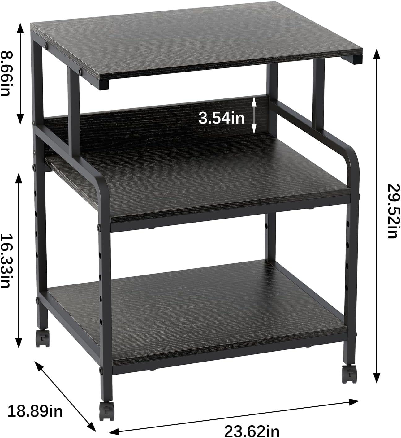 Large Printer Stand with Storage Shelf, 23.6" W x 18.9" D Printer Cart with Wheels, 3 Tier Mobile Printer Table for Home Office,Stands for Heat Press Scanner Fax (Black)