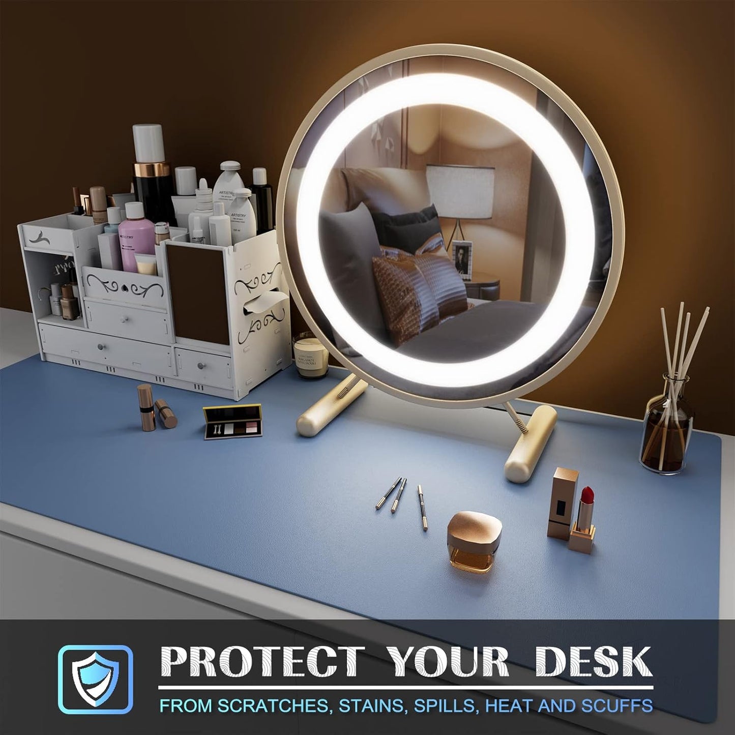 K KNODEL Large Office Leather Desk Mat, Mouse and Keyboard Pad, Computer and Laptop Mat, Desktop Protector and Cover, Writing Pad and Blotter (35.4"x17", Lake Blue)