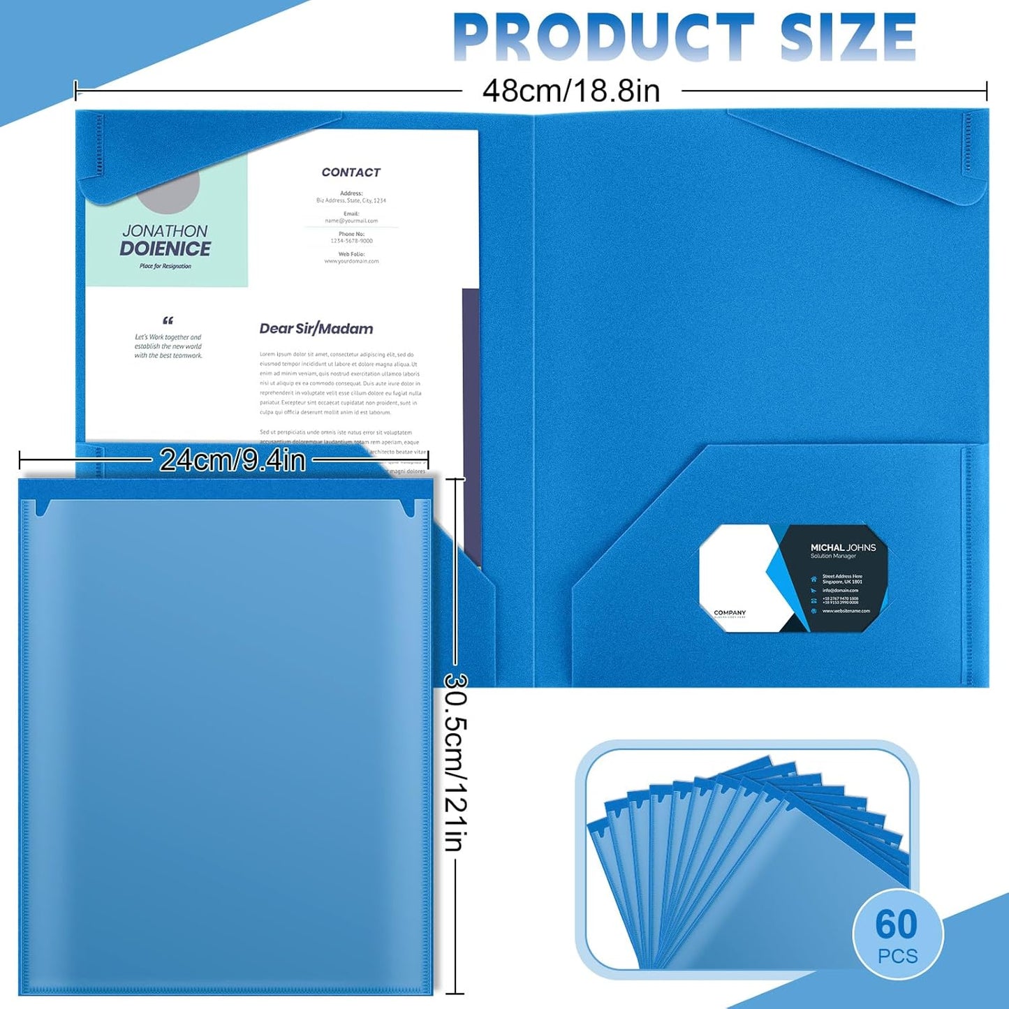 Henoyso 60 Pcs Plastic Folders with Clear Front Pockets Heavy Duty File Folders with 2 Pockets and Card Slot for Student Communication School Office Presentation Report (Blue)