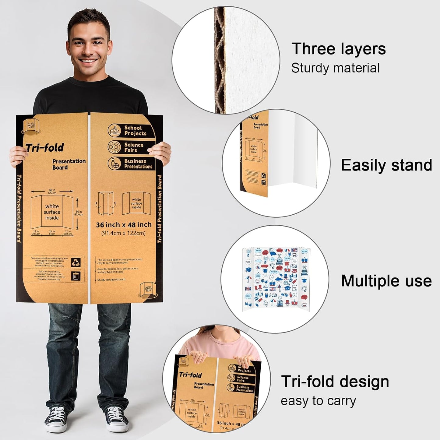 4 Pack Trifold Poster Board 48" X 36", IKAYAS Single sided White Poster Boards, Science Fair Display Boards Posterboard Foamboard for Mounting, Prints,Art,Display,Projects Classroom Supplies