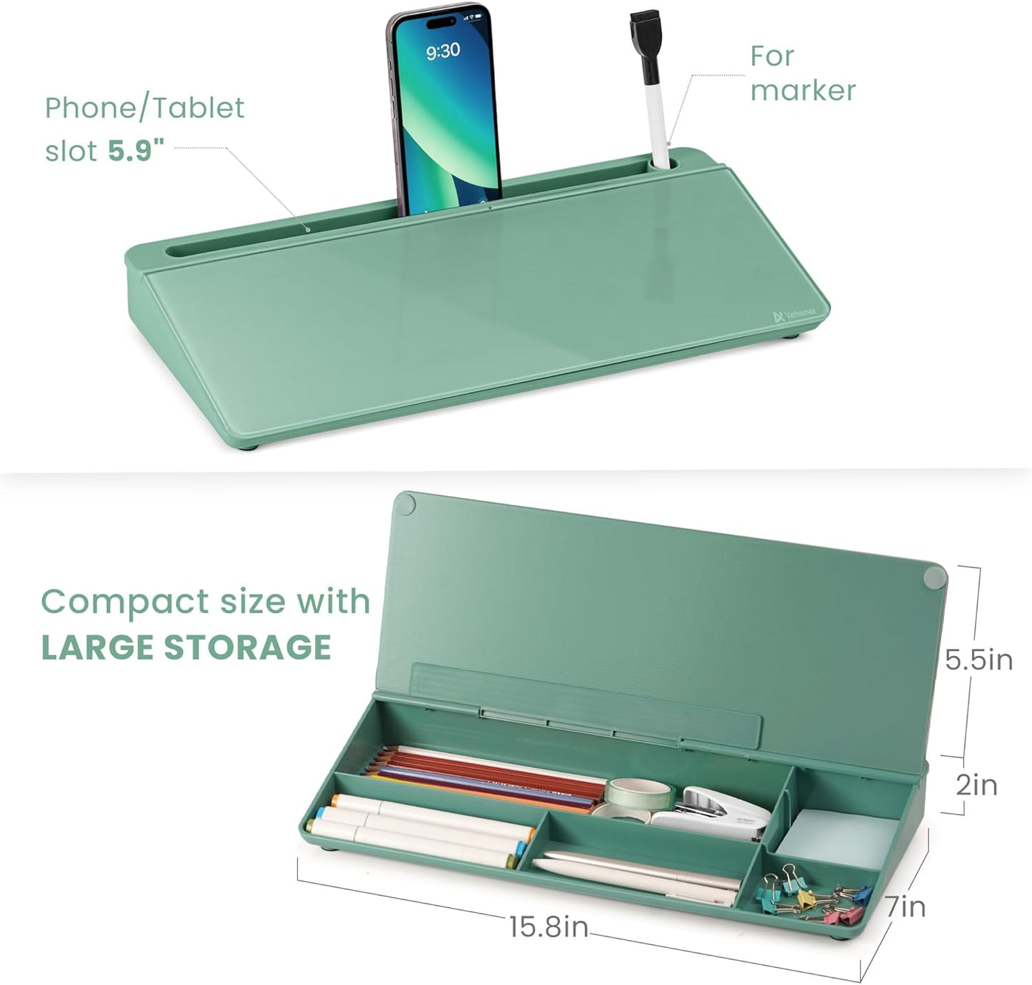 Varhomax Glass Desk Whiteboard with Storage, Desktop Organizer to-do List Memo Notepad Dry Erase White Board for Home Office and School Supplies (Green)