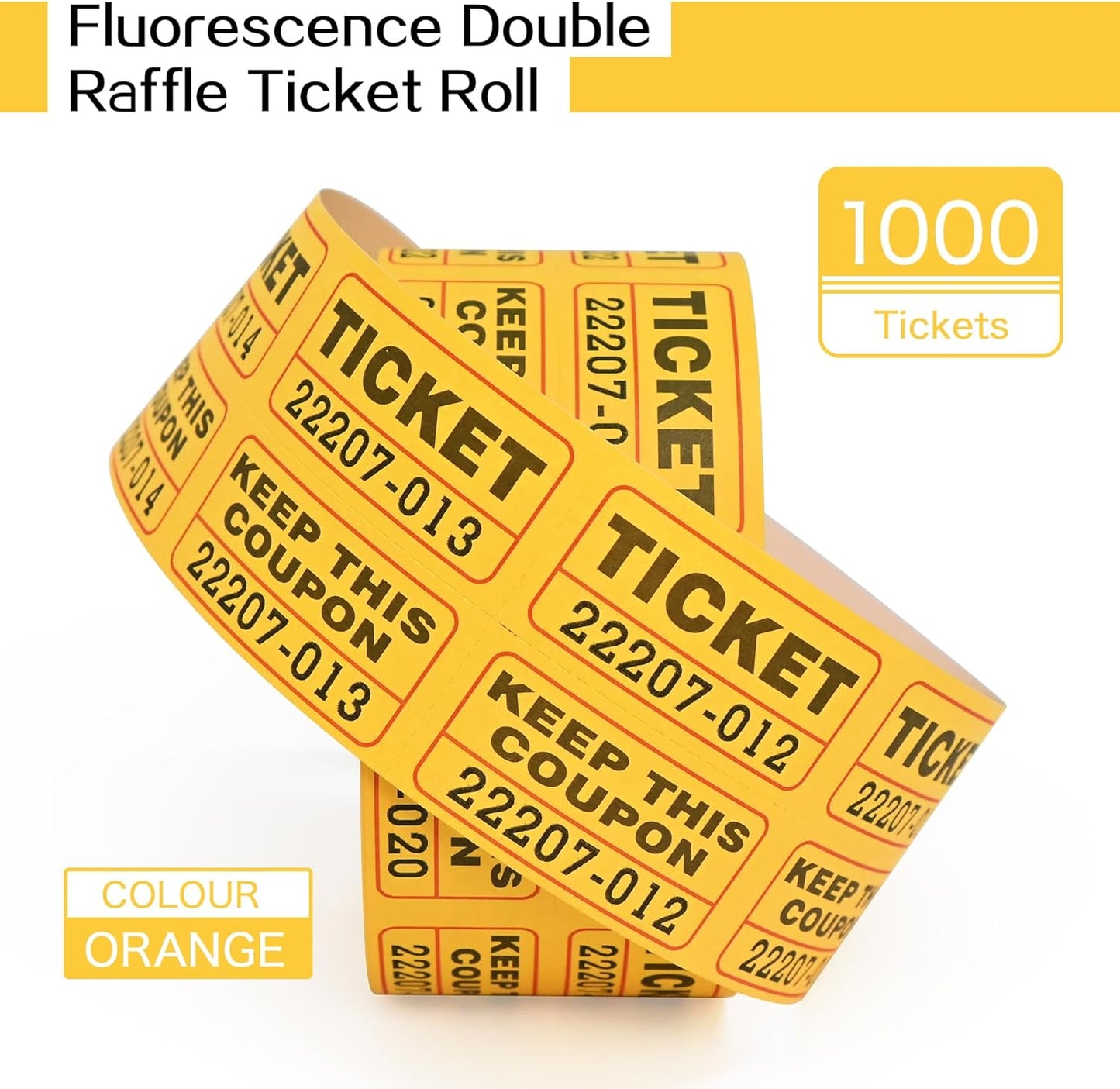 L LIKED Fluorescence Raffle Tickets Double Roll 1000 Tickets Neon Orange High Light 50/50 Tickets for Event,Raffle,Fundraiser, LD-RTDN2X2-1000Orange