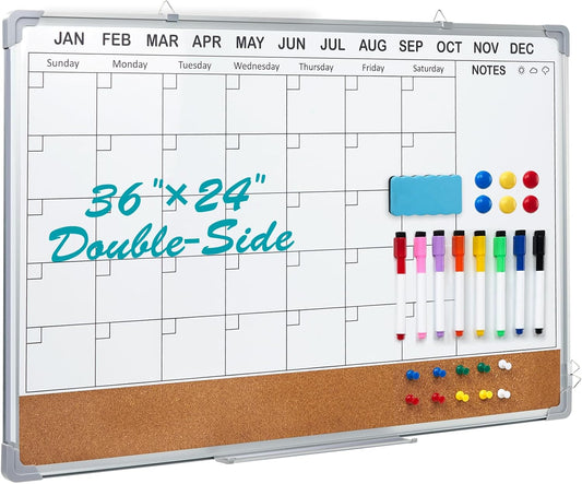 Calendar Whiteboard for Wall,36" x 24" White Board Calendar Dry Erase with Silver Aluminum Frame,Double Side Wall Hanging Board for Office,Home,Kitchen
